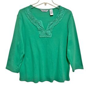 Drapers & Damons Top Women Sz PXL Green 3/4 Sleeve Knit Stretch Lace Embellish